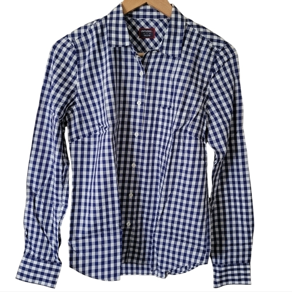 UNTUCKit Belleza Womens Button Up Long Sleeve Blue Gingham Shirt New
